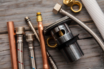 Home improvement background with plumbing tools and equipment
