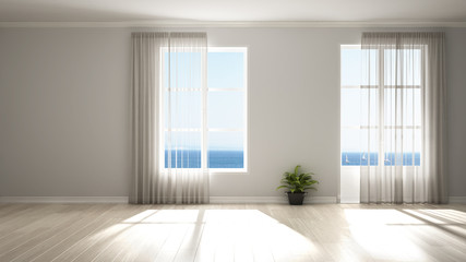 Stylish empty room with panoramic windows, parquet wooden floor, classic shutters, potted plants. White background with copy space, interior design concept. Sea ocean landscape.
