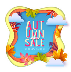 Autumn big sale typography poster with autumn leaves. Cut out paper style design