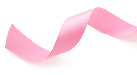Pink curly satin ribbon isolated on white
