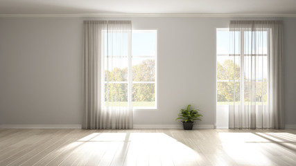 Stylish empty room with panoramic windows, parquet wooden floor, classic shutters, potted plants. White background with copy space, interior design concept. Green meadow landscape.