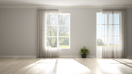 Stylish empty room with panoramic windows, parquet wooden floor, classic shutters, potted plants. White background with copy space, interior design concept. Green meadow landscape.