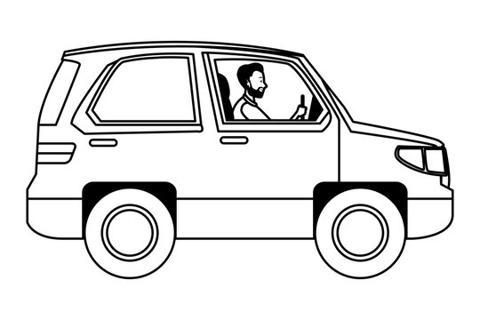 Man driving SUV vehicle sideview cartoon in black and white