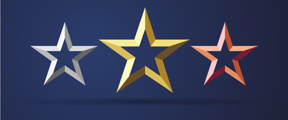 Golden, silver and bronze stars rating realistic 3D icon. Quality sign template, rank star facet symbols on dark background. Vector illustration