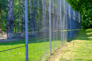 Transparent lattice, enclosing the territory. A fence of metal rods against the background of a green lawn and trees.