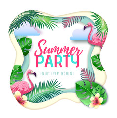 Summer party typography poster with flamingo and tropic leaves. Cut out paper art style design © annbozhko