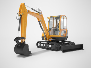 Orange mini excavator with hydraulic mechlopata with leveling bucket in motion 3d render on gray background with shadow