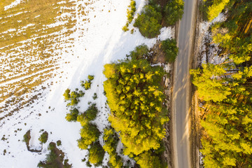 Old road in the spring forest aerial view Snow melts on the side of the road and between the trees.