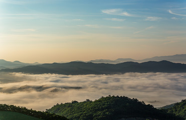 Obraz premium A landscape view of beautiful sunrise and sea of clouds at Anbandeogi of Gangneung, South Korea.