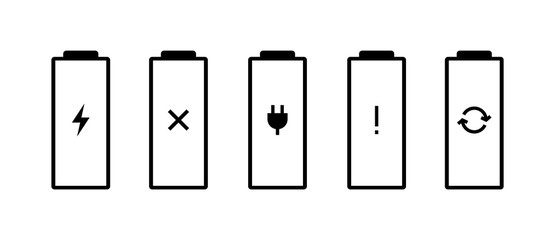 Battery charge indicator status icon set. Gadgets accumulator faulty broken needs charging error replace pictograms. Vector power recharge sign illustration