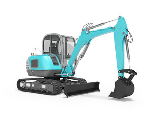 Construction machinery blue excavator with hydraulic mechlopatoy on crawler with bucket 3d render on white background with shadow