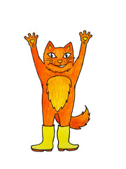 Smiling red cat in yellow rubber boots with hands up. Colorful watercolor hand drawing sketch. Background can be printed on textile, wallpaper, wrapping paper, greeting cards, children illustration