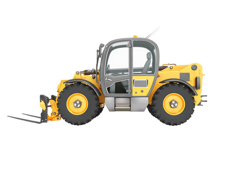 Construction equipment telescopic excavator yellow side view 3d render on white background no shadow