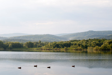 beautiful summer lake against the background of high mountains and blue sky