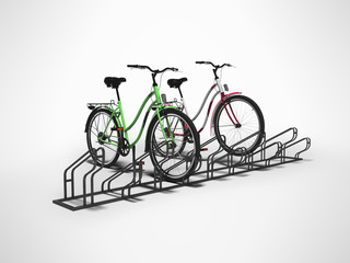 Fototapeta na wymiar Bicycle parking for ten hairpieces with two hairpieces parked isolated 3d render on gray background with shadow