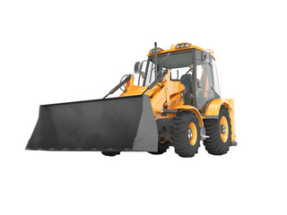 Fototapeta premium Construction equipment excavator loader with jaw bucket on the basis of tractor front view 3d render on white background no shadow
