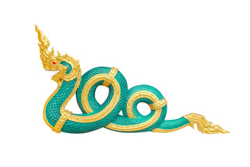 Serpent king or king of naga statue in Thai temple isolated on white background with clipping path.