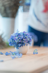 Blue Hydrangea in white Ceramic Vase and fallen on the wooden table