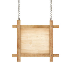 wood frame or wood sign and chain isolated on white with clipping path