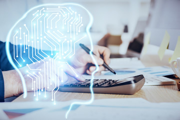 Man with multi exposure brain theme icons.