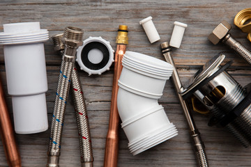 Home improvement background with plumbing tools and equipment