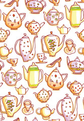Teapot and Teacups funny drawing. Isolated illustration.