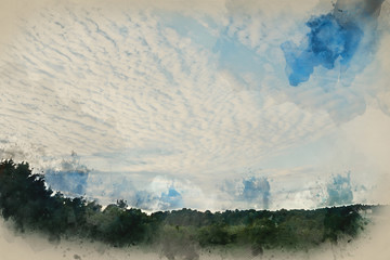 Digital watercolour painting of Beautiful mackerel sky cirrocumulus altocumulus cloud formations in Summer sky landscape