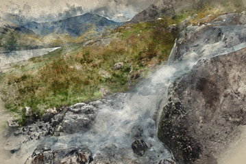 Digital watercolour painting of Stunning landscape image of countryside around Llyn Ogwen in Snowdonia during ear;y Autumn