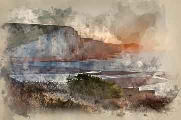 Digital watercolour painting of Seven Sisters sunrsie viewed from Seaford Head