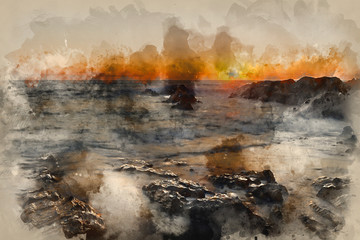Digital watercolour painting of Beautiful vibrant sunset landscape image of calm sea against rocky shoreline