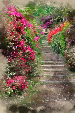 Digital watercolour painting of Beautiful vibrant landscape image of footpath border by Azalea flowers in Spring in England