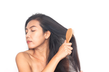 Fototapeta premium Beautiful of age 40+ Asian woman long black hair on white background. Health and surgery concept