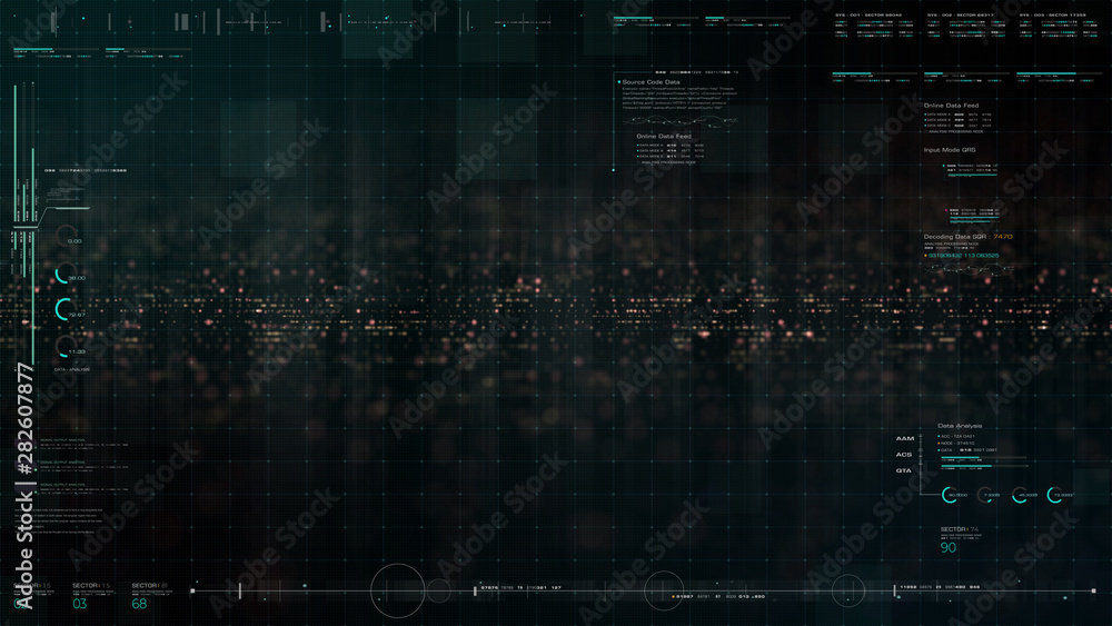 Aufkleber Advance motion graphic futuristic user interface head up display screen with Holographic electromagnetic engine with gravitational fields energy particles wave and digital data telemetry information