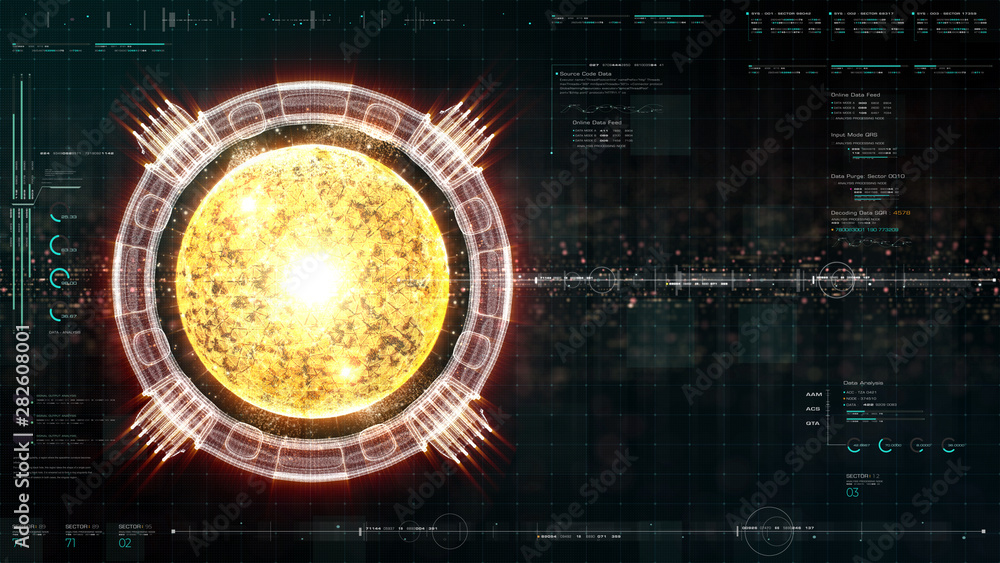Poster Advance motion graphic futuristic user interface head up display screen with Holographic electromagnetic engine with gravitational fields energy particles wave and digital data telemetry information