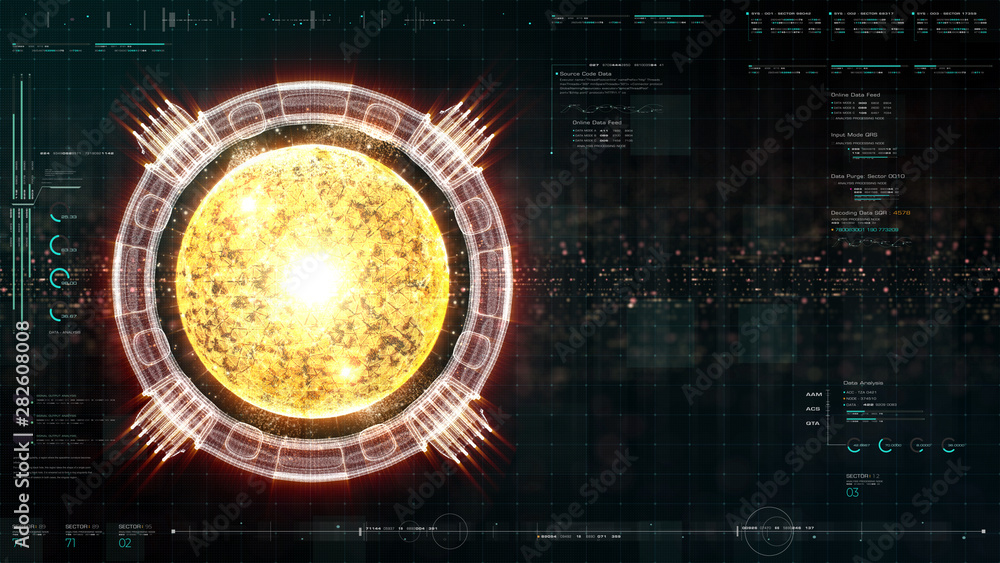 Aufkleber Advance motion graphic futuristic user interface head up display screen with Holographic electromagnetic engine with gravitational fields energy particles wave and digital data telemetry information