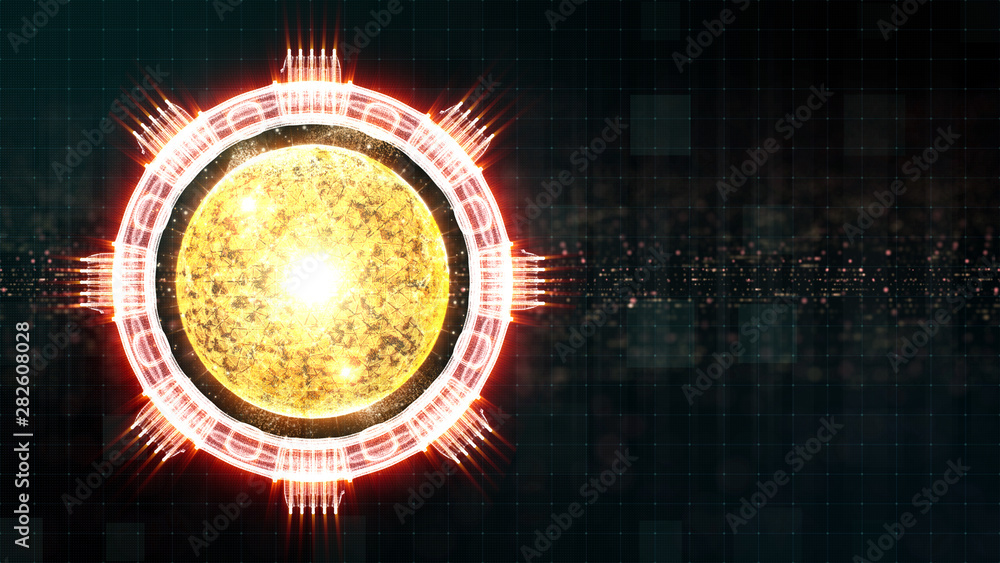 Aufkleber Advance motion graphic futuristic user interface head up display screen with Holographic electromagnetic engine with gravitational fields energy particles wave and digital data telemetry information