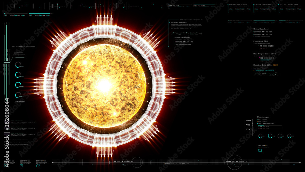 Poster Advance motion graphic futuristic user interface head up display screen with Holographic electromagnetic engine with gravitational fields energy particles wave and digital data telemetry information