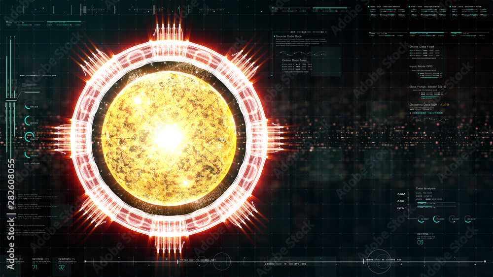 Aufkleber Advance motion graphic futuristic user interface head up display screen with Holographic electromagnetic engine with gravitational fields energy particles wave and digital data telemetry information