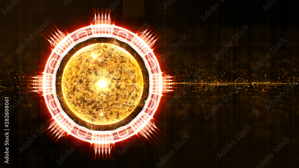 Aufkleber Advance motion graphic futuristic user interface head up display screen with Holographic electromagnetic engine with gravitational fields energy particles wave and digital data telemetry information