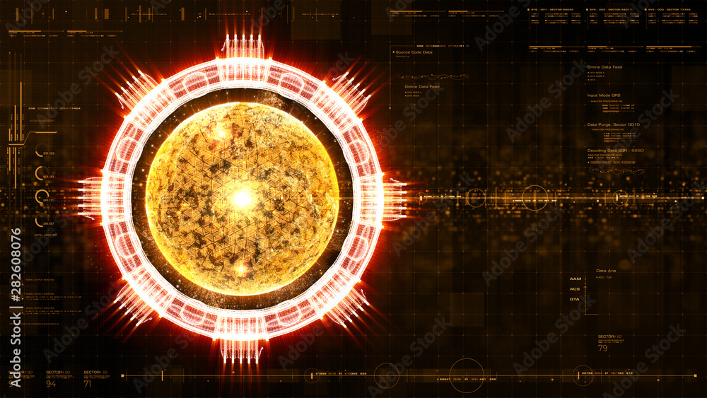 Fototapete Advance motion graphic futuristic user interface head up display screen with Holographic electromagnetic engine with gravitational fields energy particles wave and digital data telemetry information