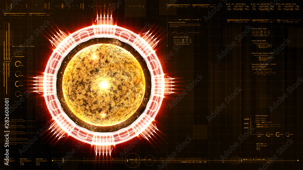 Fototapete Advance motion graphic futuristic user interface head up display screen with Holographic electromagnetic engine with gravitational fields energy particles wave and digital data telemetry information