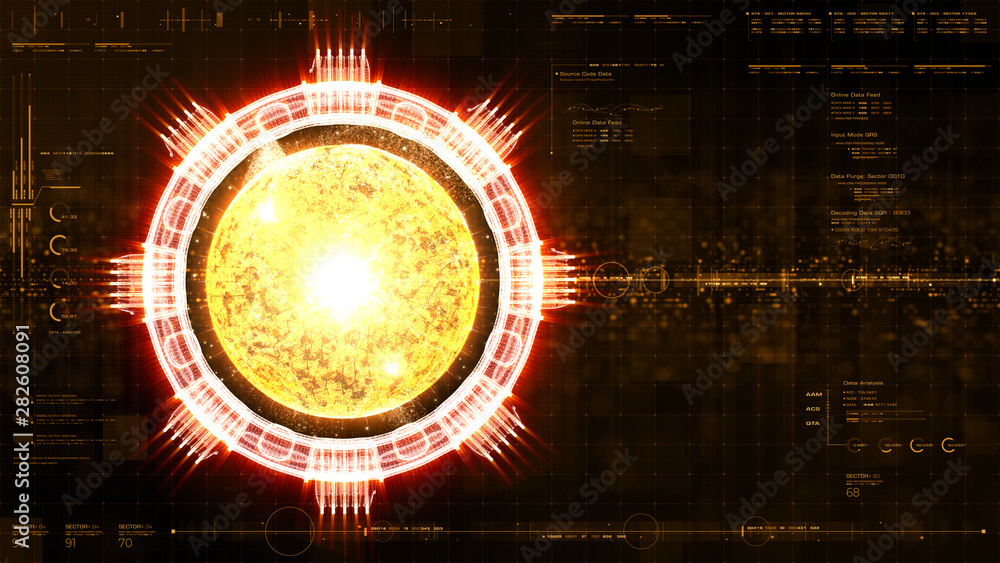 Aufkleber Advance motion graphic futuristic user interface head up display screen with Holographic electromagnetic engine with gravitational fields energy particles wave and digital data telemetry information