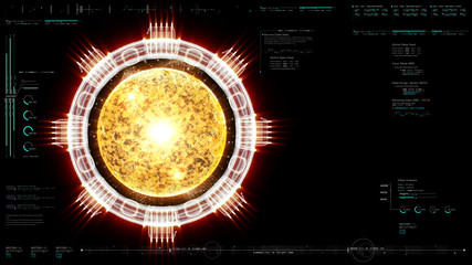 Advance motion graphic futuristic user interface head up display screen with Holographic electromagnetic engine with gravitational fields energy particles wave and digital data telemetry information