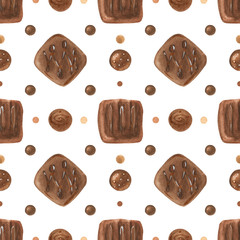 Sweet seamless pattern with chocolate candies. Watercolor illustration for any event decoration, white background, path included