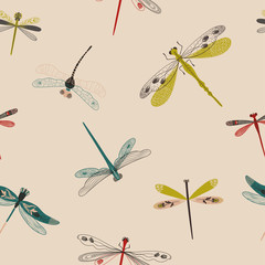 Folk Art Seamless Pattern With Dragonflies.