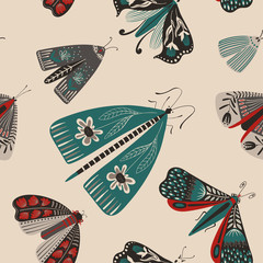 Folk Art Seamless Pattern With Moths.