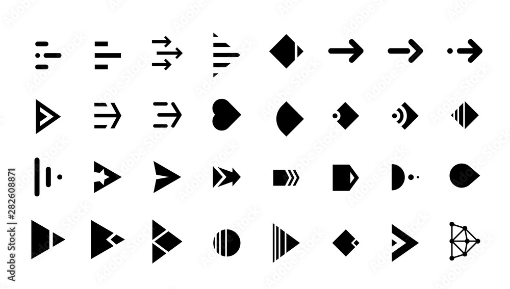 Poster swipe arrow right black button icon set. application and social network scroll cursor pictogram for 