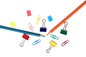 Simply Office or School Set with Clamp, Pencil, Sticker, Clip isolated on white Background