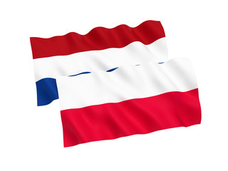 National fabric flags of Poland and Netherlands isolated on white background. 3d rendering illustration. Proportion 1:2