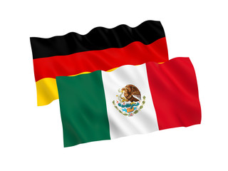 National fabric flags of Germany and Mexico isolated on white background. 3d rendering illustration. 1 to 2 proportion.